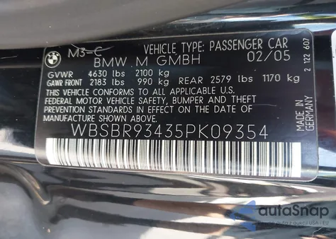 2005 BMW M3 from USA, damaged, VIN WBSBR93435PK09354